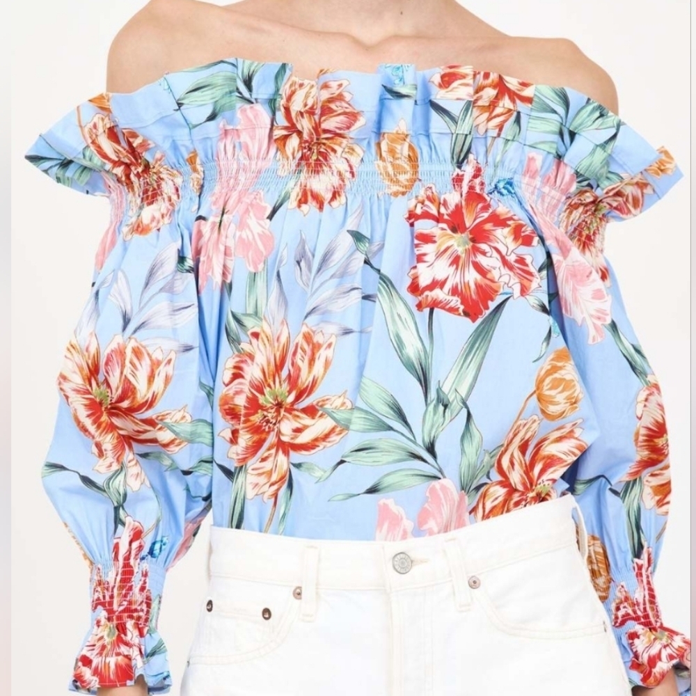 Christy Lynn Women Cotton Floral Printed Off The Shoulder Blouse Blue Size Small